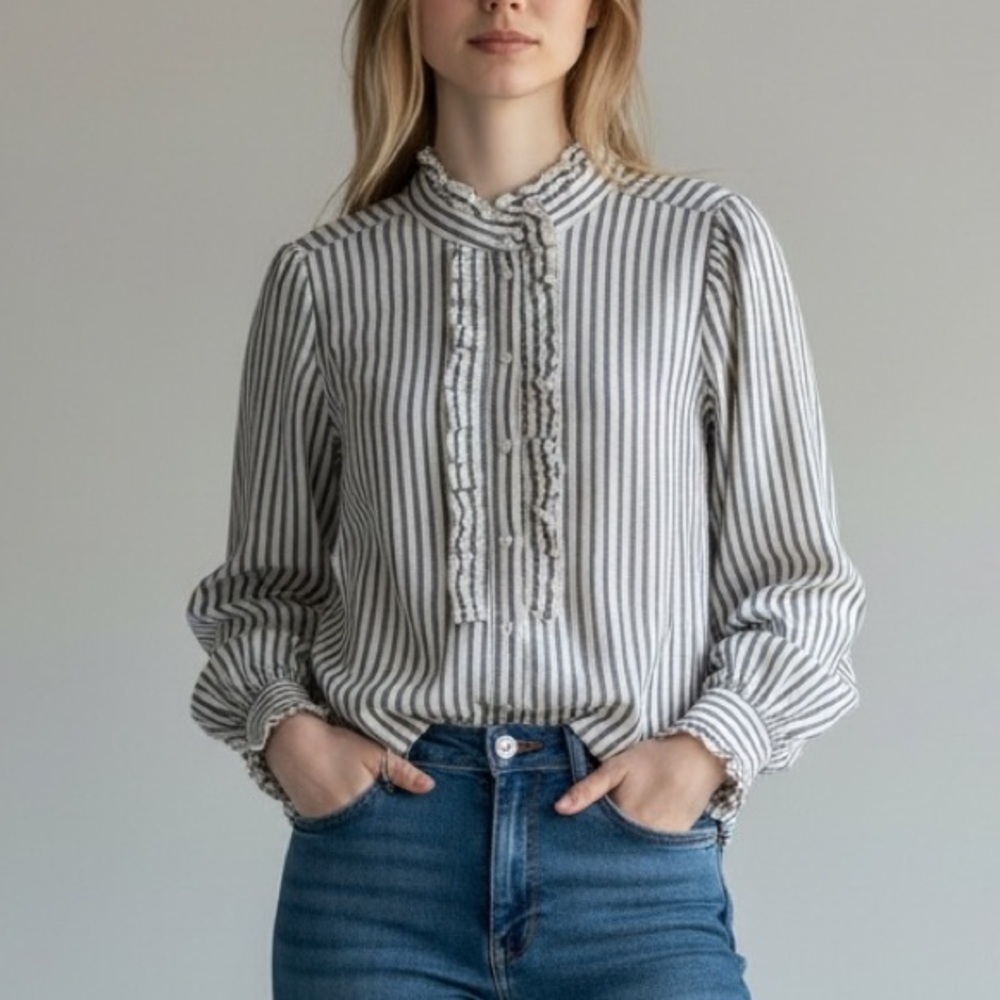 H&M Ruffled Trimmed Twill Blouse Navy and White Striped Shirt Size XXL